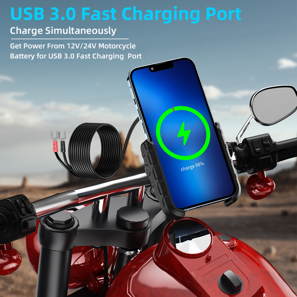 Aurgiarme Motorcycle Phone Mount Charging Stand 2 in 1 USB3.0 Fast Charging Motorcycle Cellphone Holder Handlebar Base
