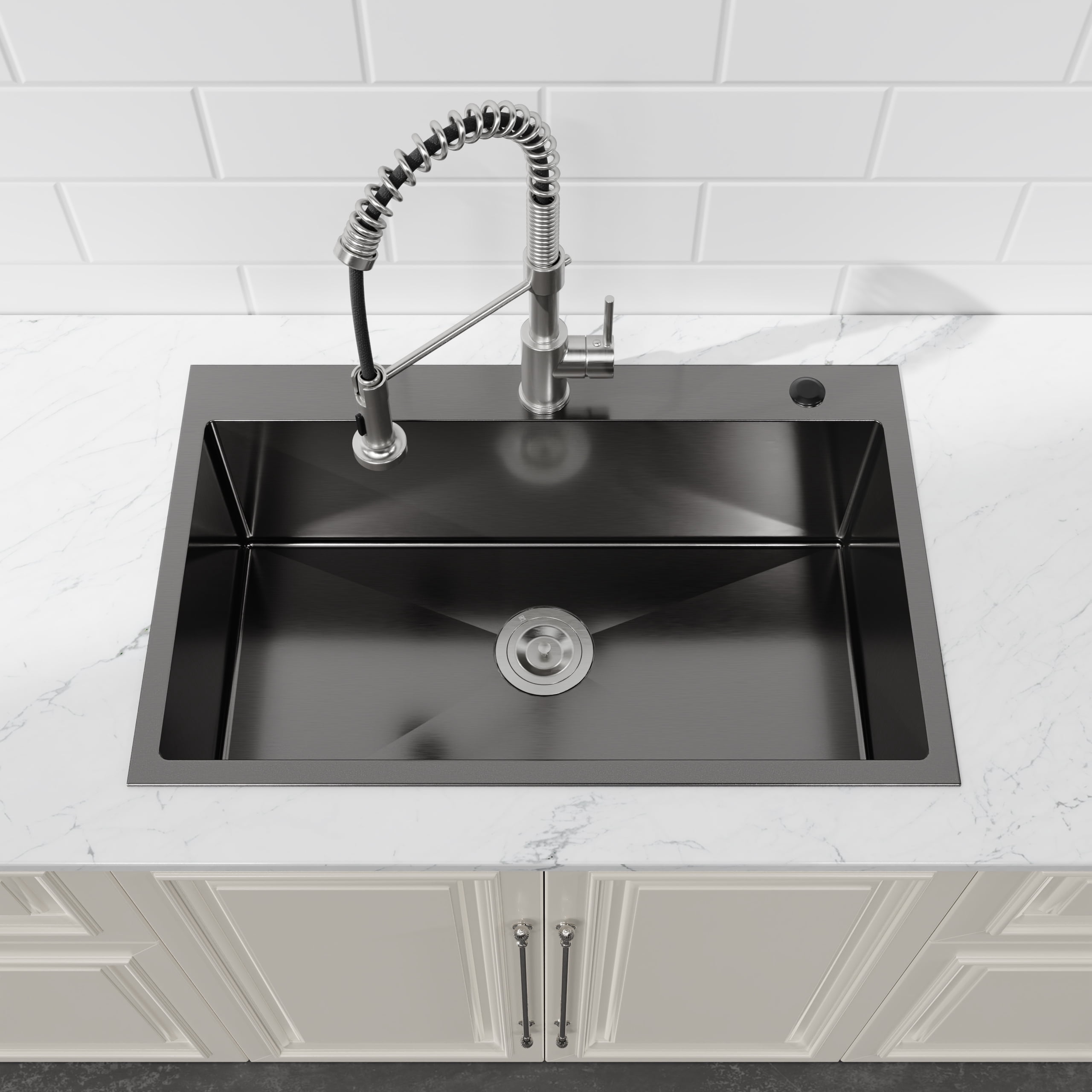 Boyuevi Stainless Steel Kitchen Sink, 30″x19″ Single Bowl, Overmount Handmade Sink in Black, with US Standard Drain and Hook