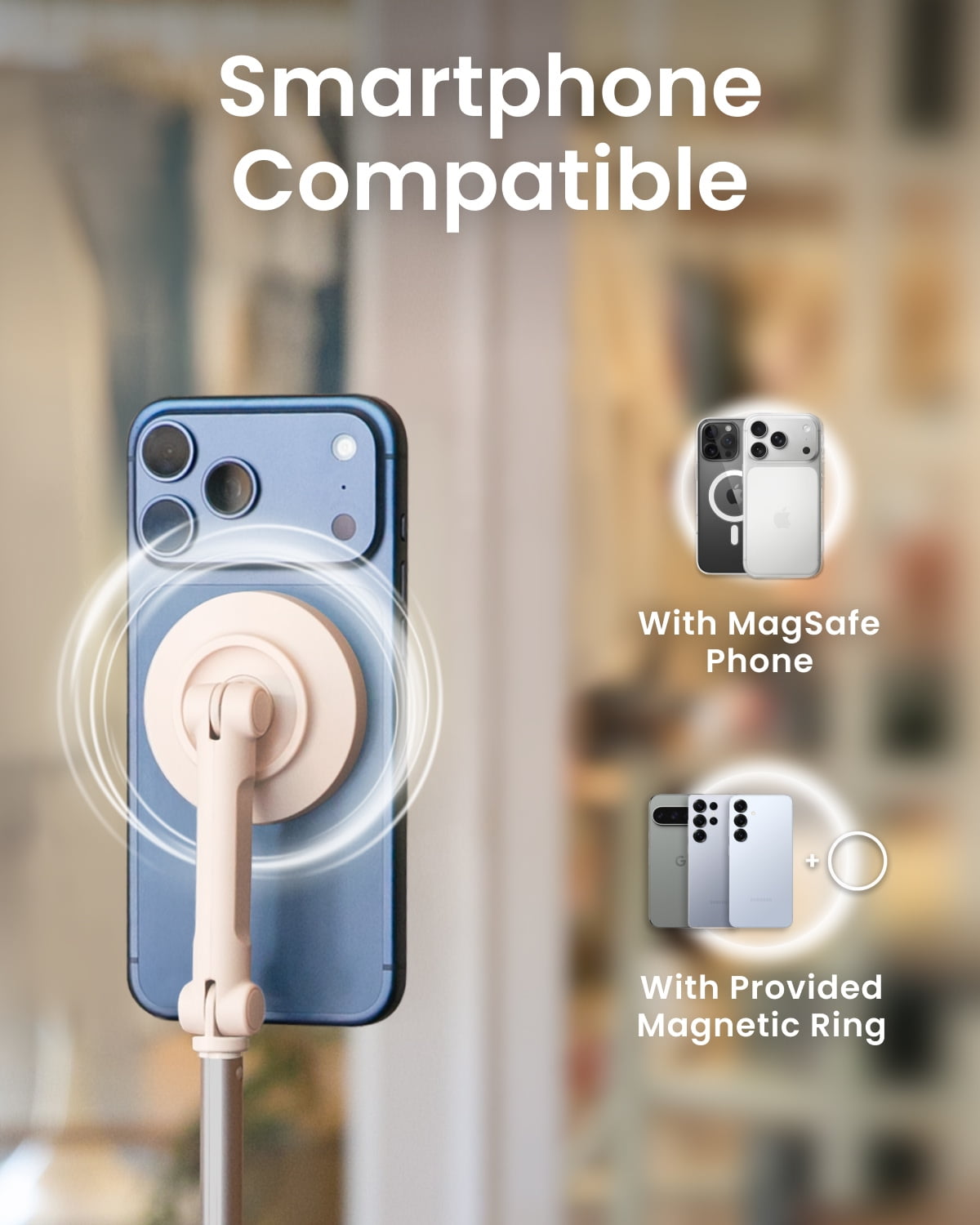 KraftGeek Magnetic Phone Tripod for iPhone MagSafe – 66'' Auto-Open Selfie Stick with Remote, Cell Phone Tripod Stand for Video Recording, Vlogging & TikTok (Ombré Peach)