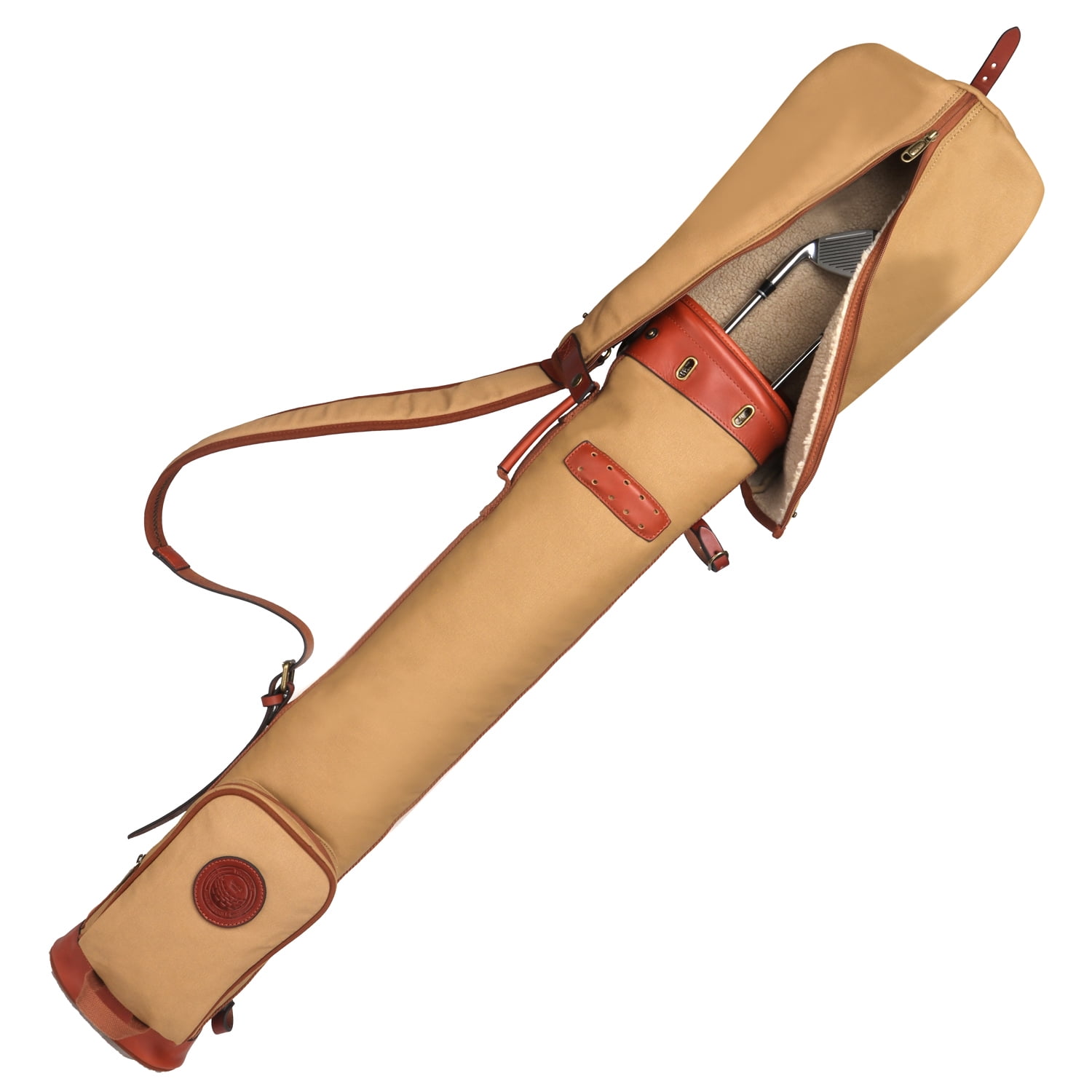 TOURBON Canvas & Leather Golf Club Carry Bag Khaki Golf Sunday Carrier Fleece Padded Pencil Style 89CM