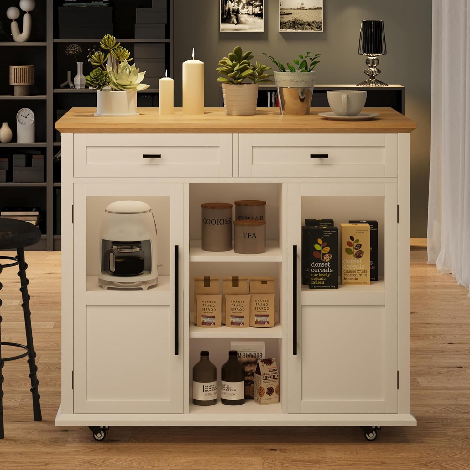 Foldable Kitchen Island Cart with Wheels, 2 Glass Doors, Home Kitchen Spice Rack & Towel Holder – Compact Mobile Storage Cart for Small Kitchens, Dining Rooms, Camping & RVs