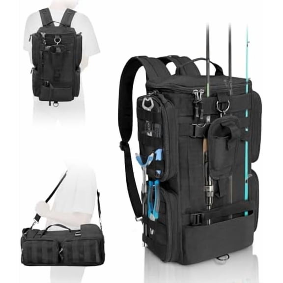 Fishing Tackle Backpack with Rod Holders,20L Lightweight Fishing Bag Storage Tackle Box Backpack for 3600 or 3700 Trays,Water Resistant Tackle Bag with Four Pockets (8.66” x 5.90” x17.52”)
