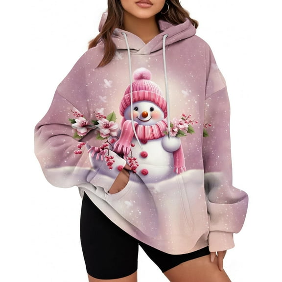 Fall Fashion Must Haves Christmas Themed Hooded Pullover Sweatshirt Long Sleeve Drawstring Hoodie Top for Women Women Fall Clothes