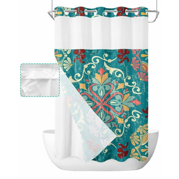 No Hook Shower Curtain with Snap in Liner, Blue Vintage Persian Geometric Pattern Hotel Shower Curtains for Bathroom, Washable Shower Curtain Liner Set with Mesh Top Window, 54"x78"