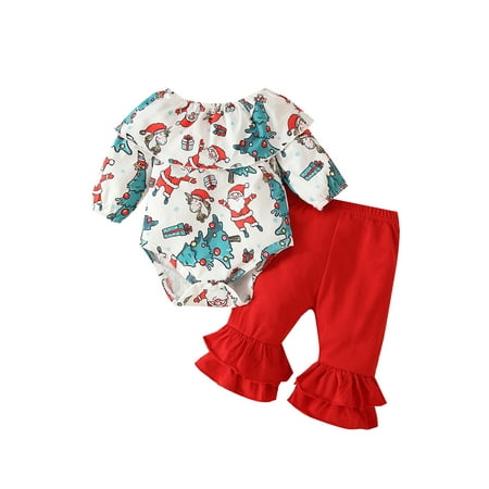 

Binpure Christmas Baby Girls Romper Set Off-shoulder Ruffled Santa Claus Print Romper with Flare Pants