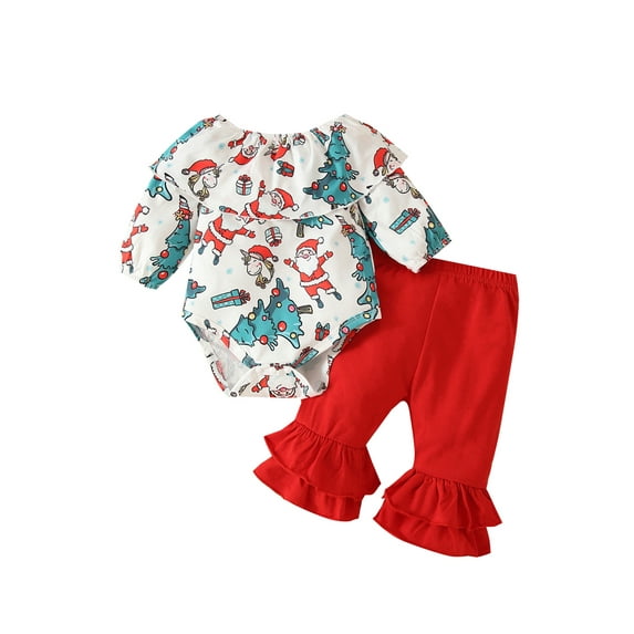 Qiylii Christmas Baby Girls Clothes Set, Santa Claus Pattern Romper+Flare Pants Outfit