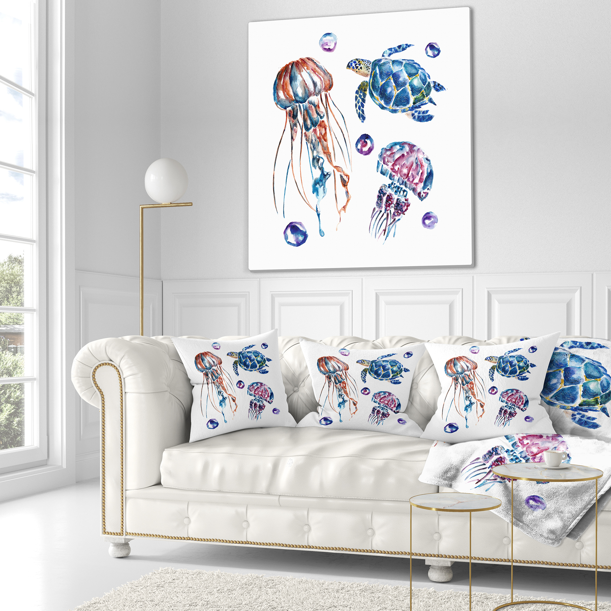 Designart Colorful Jellyfish and Turtles - Animal Throw Pillow - 18x18
