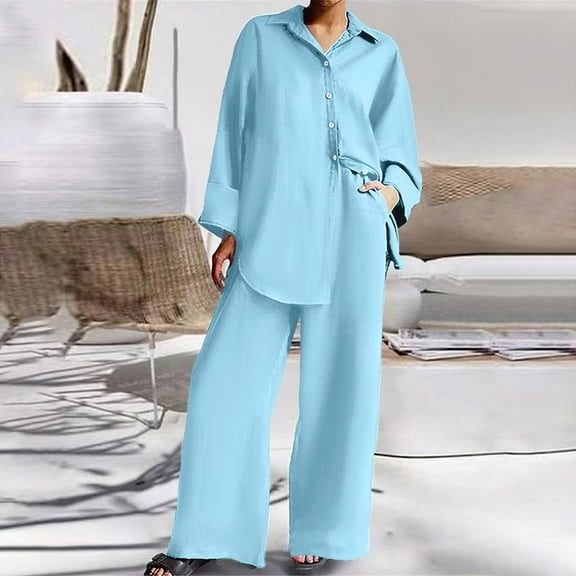 Two Piece Outfits For Women Casual Long Sleeve Button T Shirts Top And Long Pants Business Work Suits plus Size Rompers And Jumpsuits for Women Formal Women Jacket Dressy Outfits for Women Formal Pant