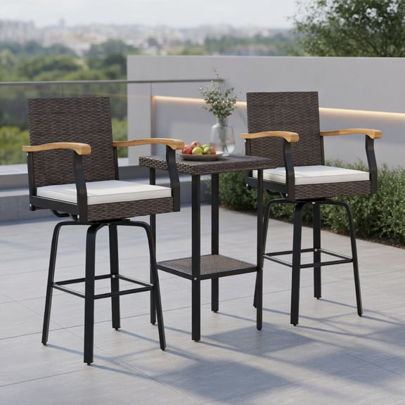 Resenkos Outdoor 360° Swivel Bar Stool with Off-White Polyester Cushion, Acacia Wood Armrests & PE Rattan Frame – Heavy-Duty 400 lb Capacity Patio Seating for Backyard, Poolside & Porch