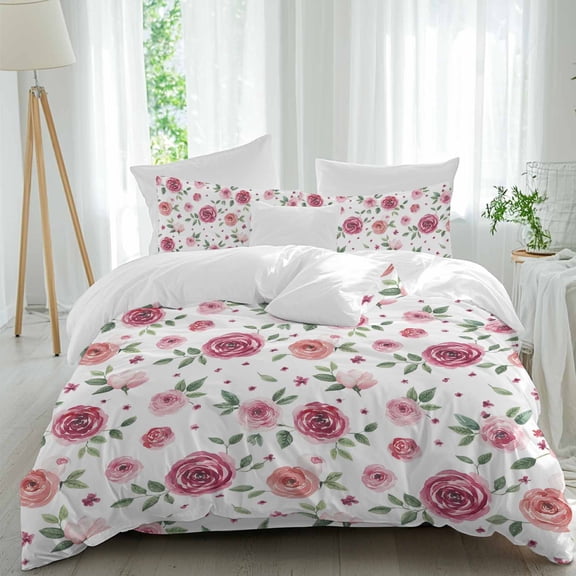 Farmhouse Flower Queen Size Comforter Set, Country Rose Red Floral Leaf Texture Bedding for All Seasons, 4 Pcs Bed Set, 1Quiltcover (90"x92") ,1Sheet(94"x116"), 2Pillowcases (30"x20")