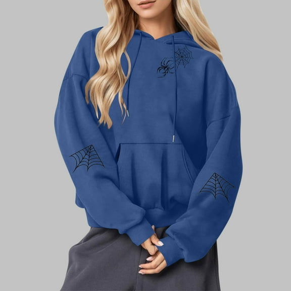 Byworldtasic Womens Sweatshirts Womens Spider Web Prints Hoodie Costumes 2025 Fall Outfits Trendy Party Long Sleeve Crewneck Pullover Tops