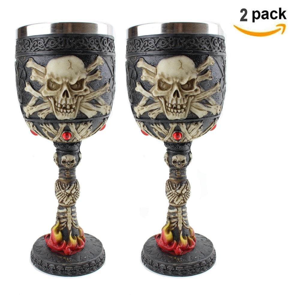 NEW Set of 2 Black Halloween Skeleton Skull Bones Wine Glass Goblet Metal 