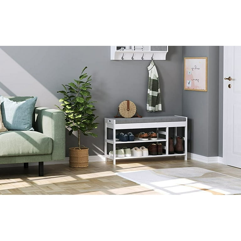 Homfa Bamboo Organizer Entryway Shoe Storage Bench with 2 Tiers Rack Padded Cushion White up to 7 Shoes
