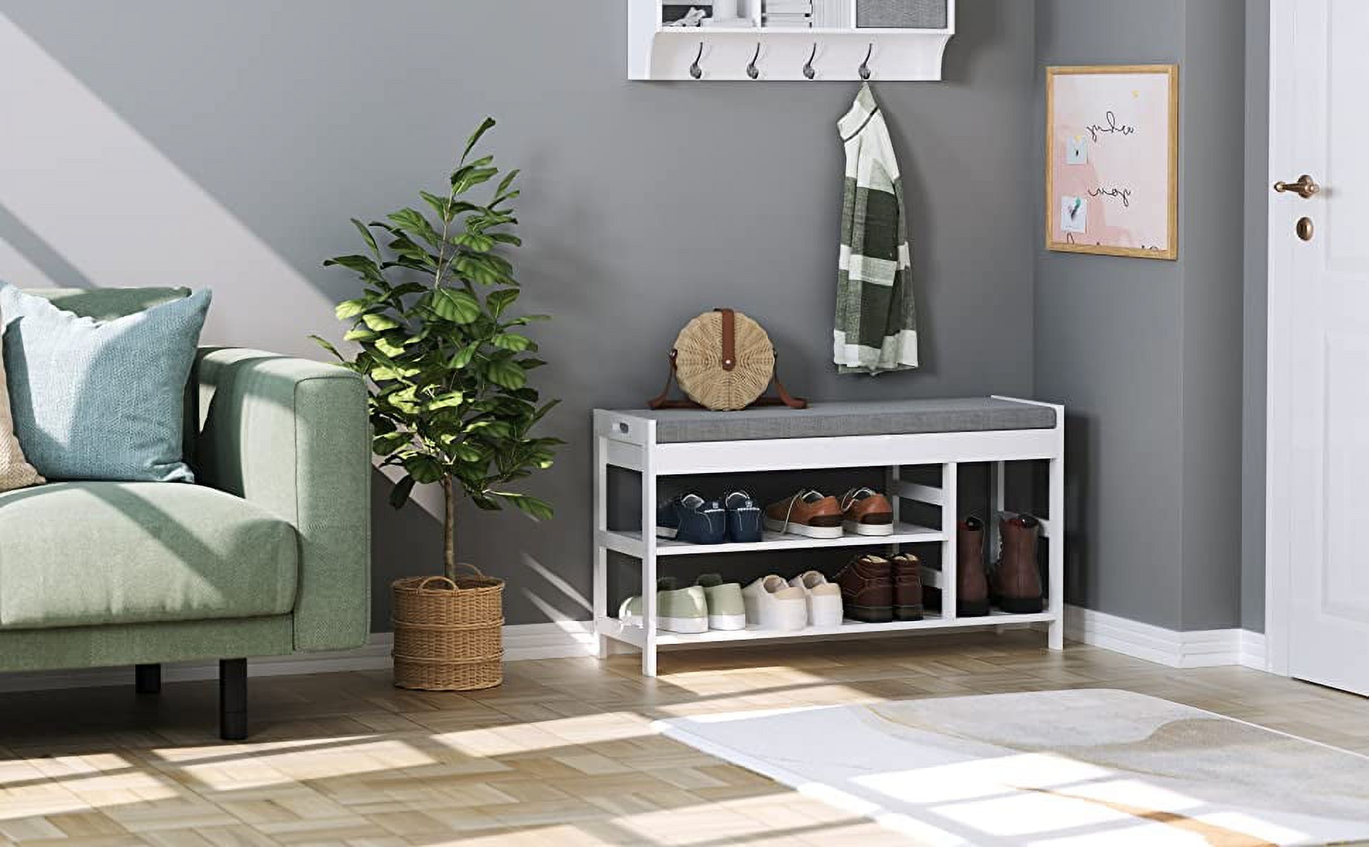 Homfa Bamboo Storage Bench with 2 Tiers Shoe Rack, Long Shoe Bench Bed End Stool with Flip Top and Padded Cushion, White (up to 7 Shoes) - image 2 of 4