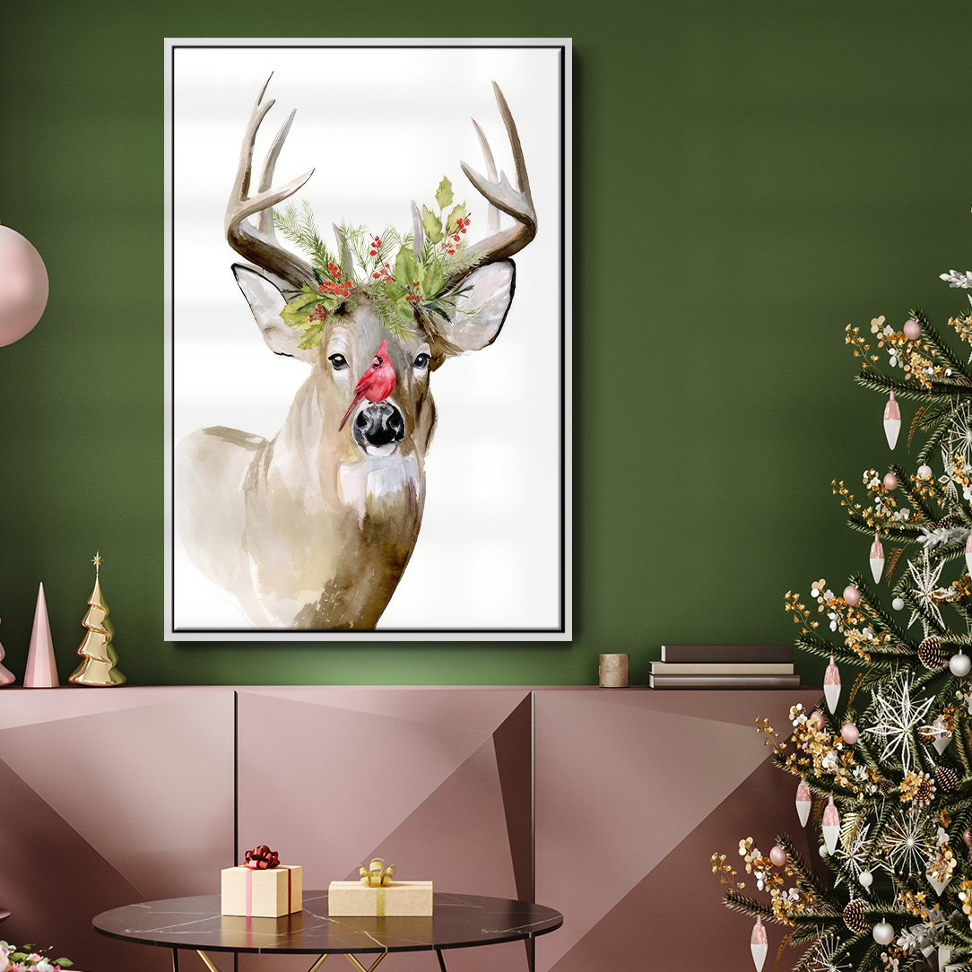 Holiday Deer II - Framed Gallery Wrapped Holiday Canvas - 27 x 41 - White Frame