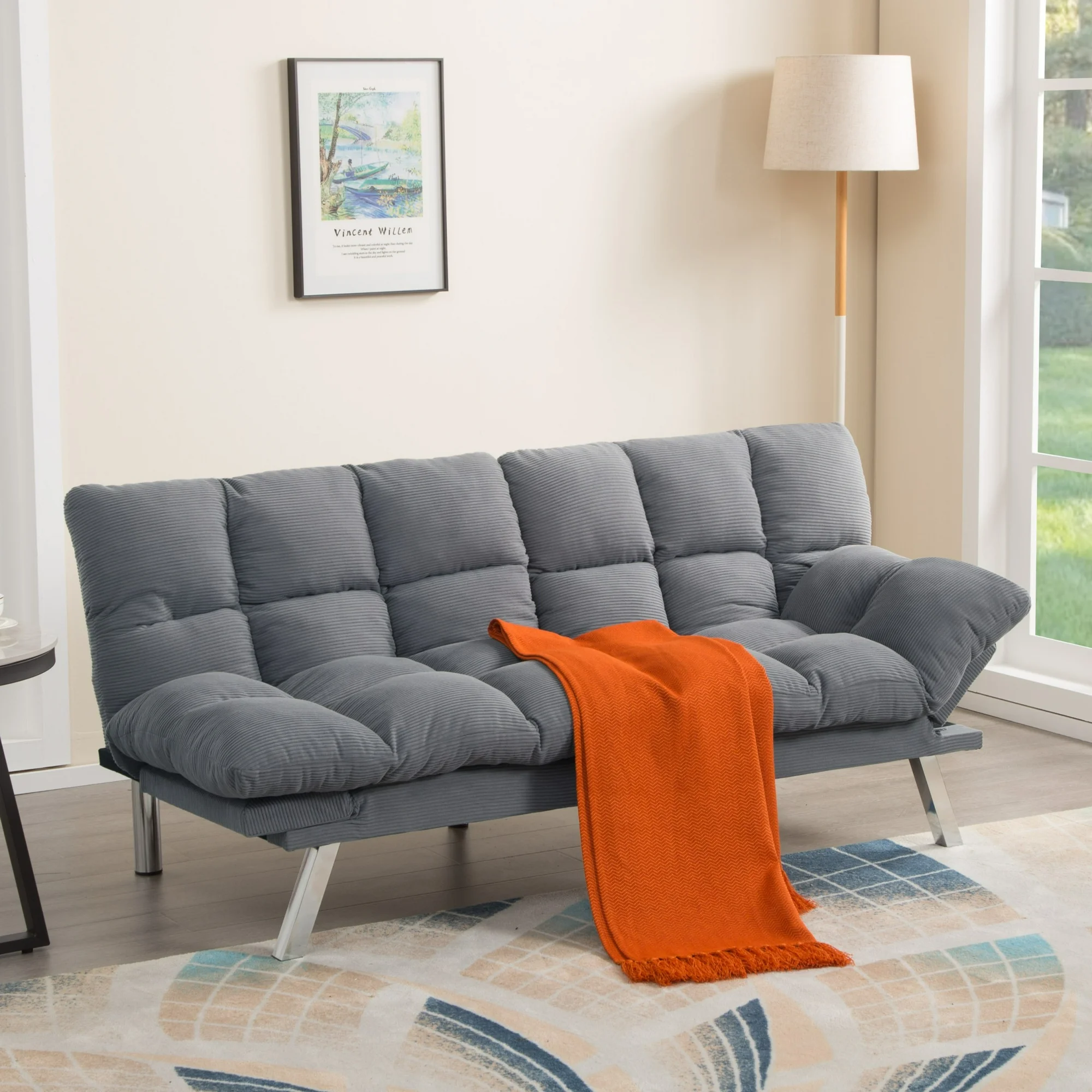 Gewnee 67.3 Inch Corduroy Convertible Sofa Bed,Upholstered Futon Couch with Adjustable Backrest,Suitable for Small Apartment,Dorm,Office,Gray