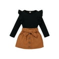 thumbnail image 1 of Seyurigaoka Baby Girl Autumn Clothes Set Solid Ribbed Long Sleeve Ruffled Pullover Tops + A-Line Skirt with Bow Belt, 1 of 9