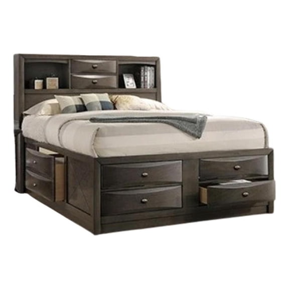 Simo Queen Bed-Bookcase Headboard-Storage Drawers-Gray