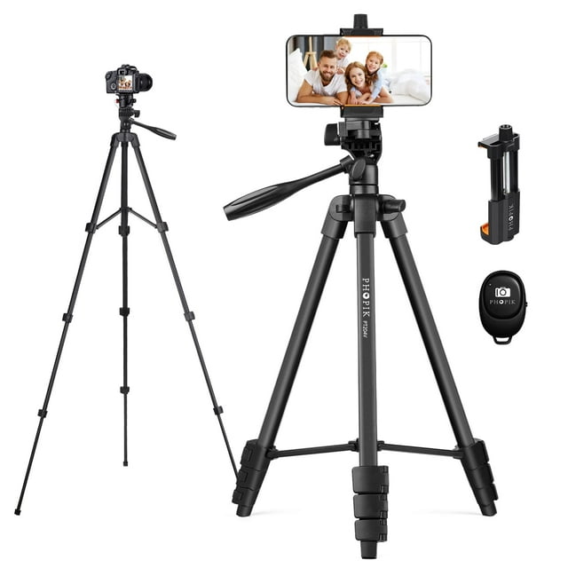 Trípode para teléfono de 55", PHOPIK trípode extensible de aluminio con obturador, bolsa de transporte, compatible con iPhone/Android/cámara deportiva, perfecto para grabación de vídeo/selfies/transmi