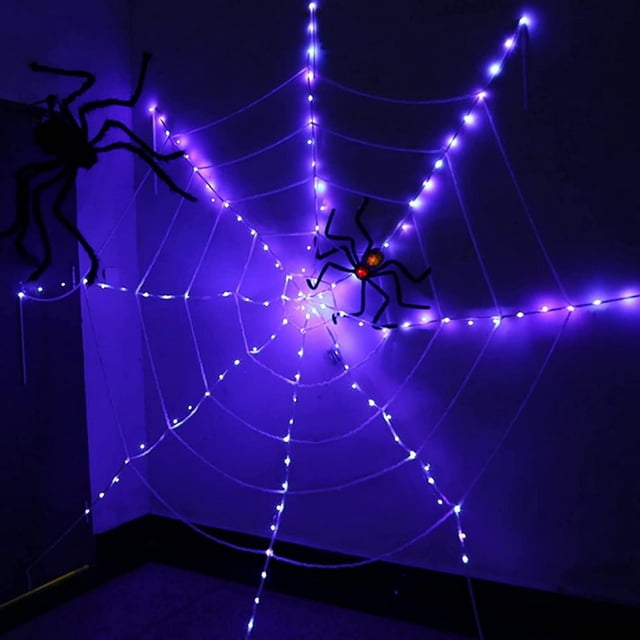EIMELI Poupée Décorative Hallwee Cadeau Hallowee Décorations Araignée-Toile d'Araignée 12FT Toile d'Araignée avec des Lumières Violettes / Lumières Rouges pour Intérieur Décorations Hallowee Extérieur Fête Jardin Cour Hantée