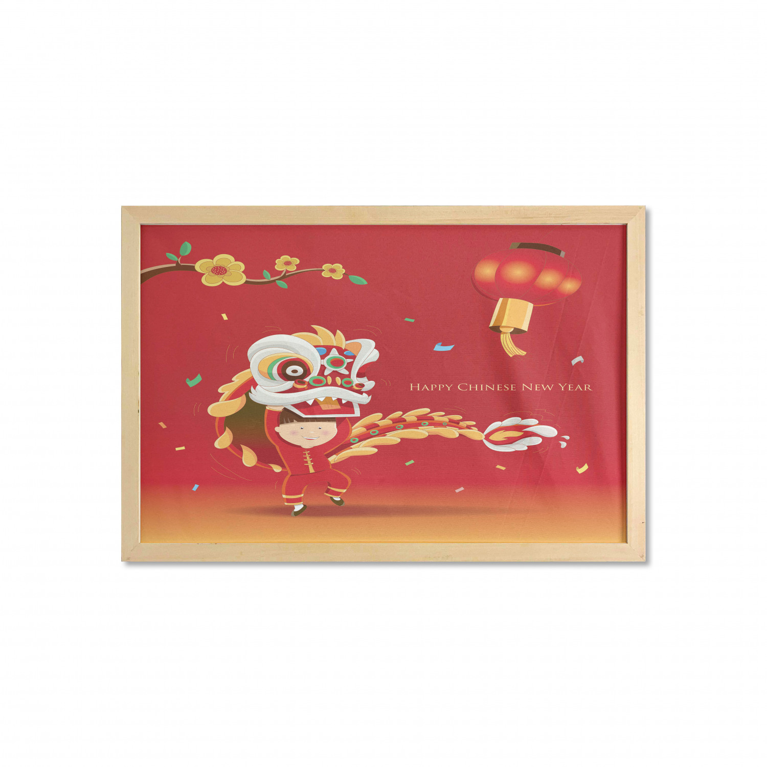 Chinese New Year Wall Art with Frame, Little Boy Performing Lion Dance with the Costume