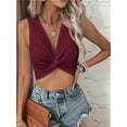 thumbnail image 5 of Women'S Twist Front V Neck Ribbed Knit Sleeveless Sexy- Tank Crop Top Wine Red S, 5 of 7