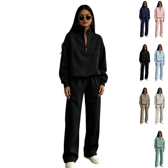 GrmtClth Womens Casual Athleisure Set Half Zip Long Sleeve Pullover Elastic Waist Wide Leg Pants Relax‑Fit Matching Tracksuit