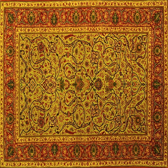 Ahgly Company Machine Washable Indoor Square Persian Yellow Traditional Area Rugs, 3' Square