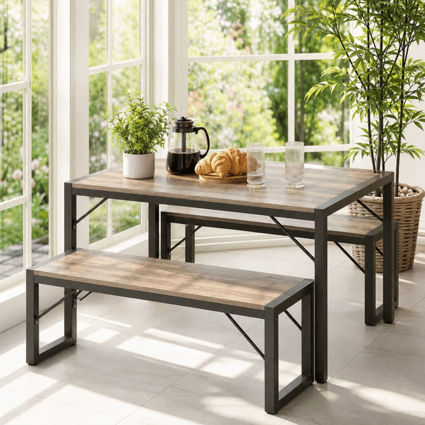 Aiho 45.5" Dining Table Set for 4, Kitchen Table with 2 Benches, Wood Dinette Sets with Metal Frame - Gray