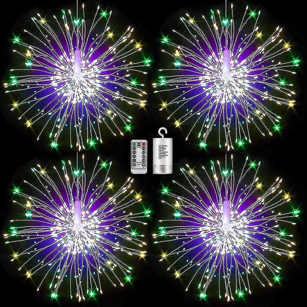 Luces de fuegos artificiales, paquete de 2 luces LED de alambre de cobre, luces de fuegos artificiales, luces de hadas, fuegos artificiales de Navidad, cadena regulable, 8 modos