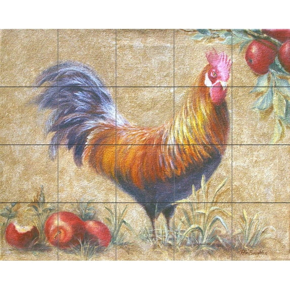 Tile Mural Kitchen Backsplash - Rooster with Apples 1 - by Rita Broughton