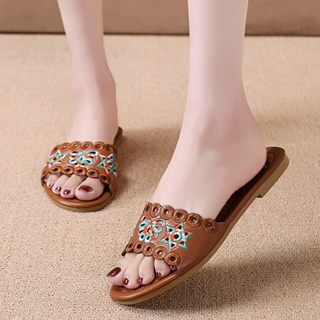 

Fashion Spring And Summer Women Slippers Flat Embroidered Ethnic Style Beach Shoes