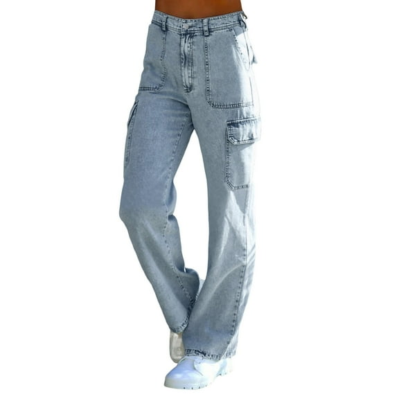 Sngxgn Women's Wide Leg Jeans High Waisted Stretchy Straight Leg Jeans Loose Denim Pants with Pocket(Blue,L)