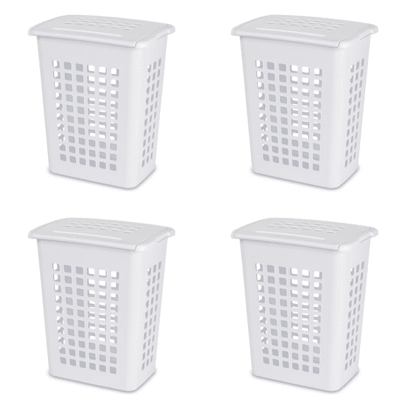 Jumbo Plastic Laundry Hamper with Lid and Carry Handles, White, 4-Pack