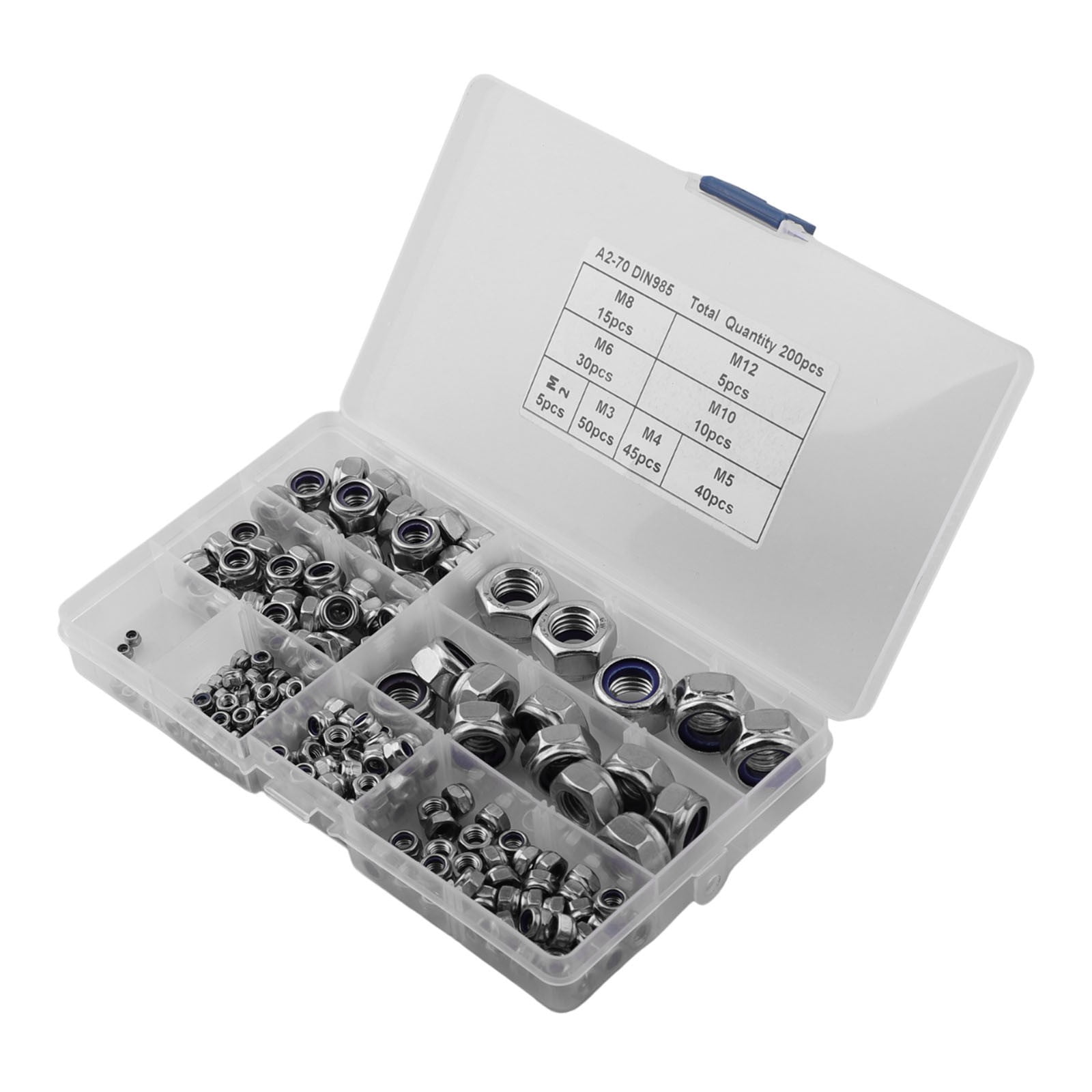 Beisidaer 200Pcs Stainless Steel Self-Locking Nuts Assortment Threaded Inserts Hex Nut Set