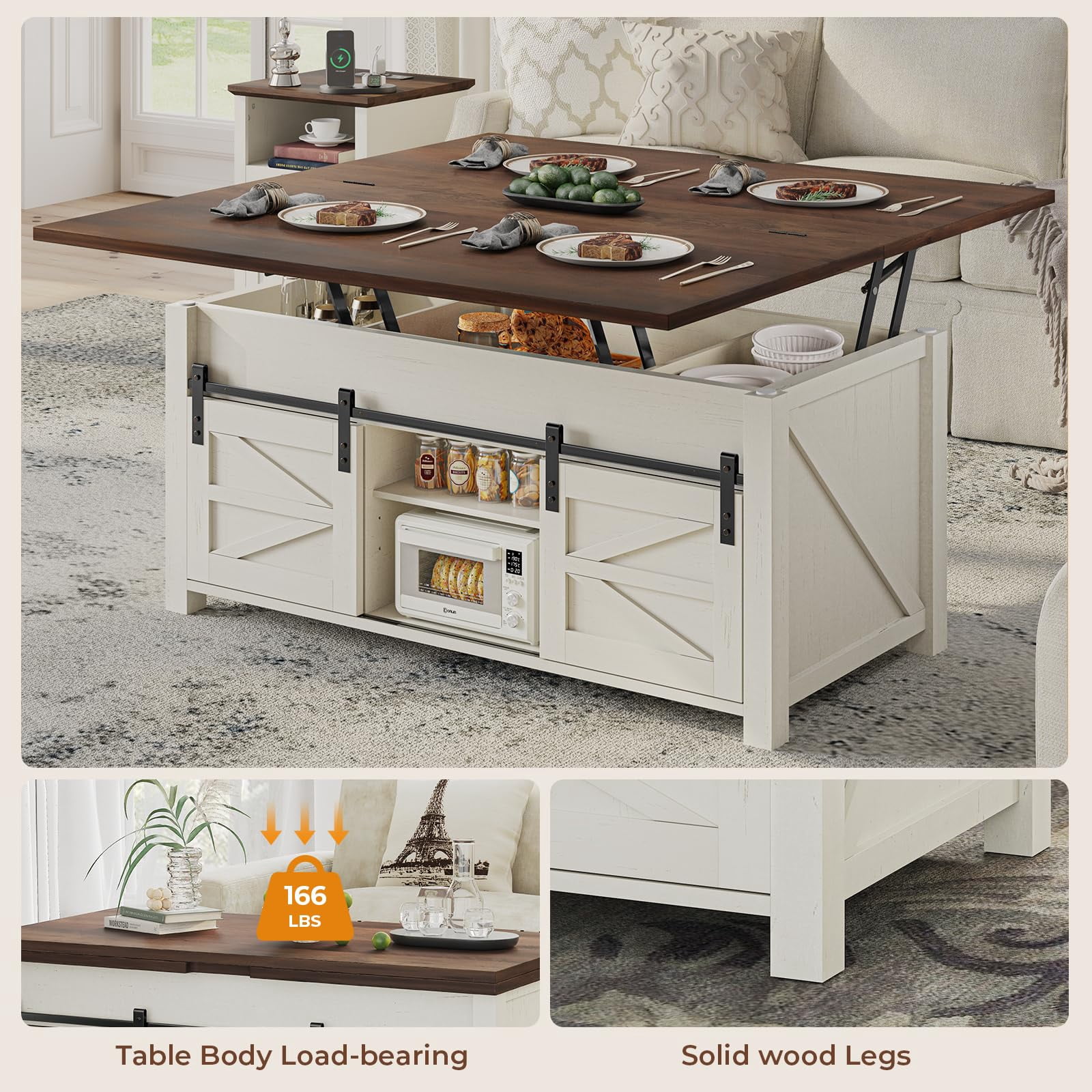 Lift Top Coffee Table with Hidden Storage Compartment, 4 in 1 Farmhouse Coffee Table with 4 Sliding Barn Doors, White