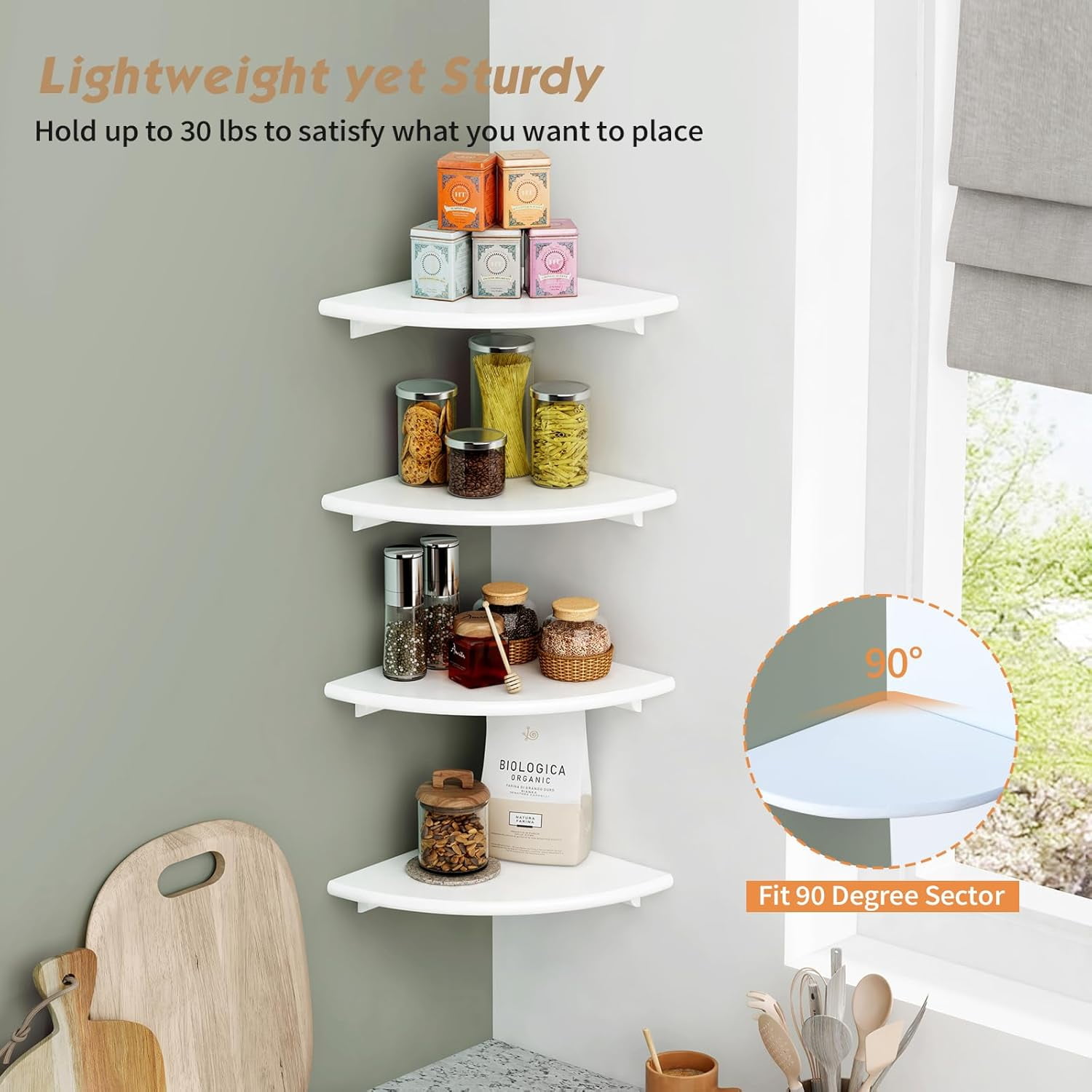 White Corner Floating Shelves for Wall Set of 4, Rounded Corner Shelves Wall Mounted for Kids Bedroom Books, Cute Wood Hanging Corner Shelf for Bathroom Decor, Living Room, Small Spaces