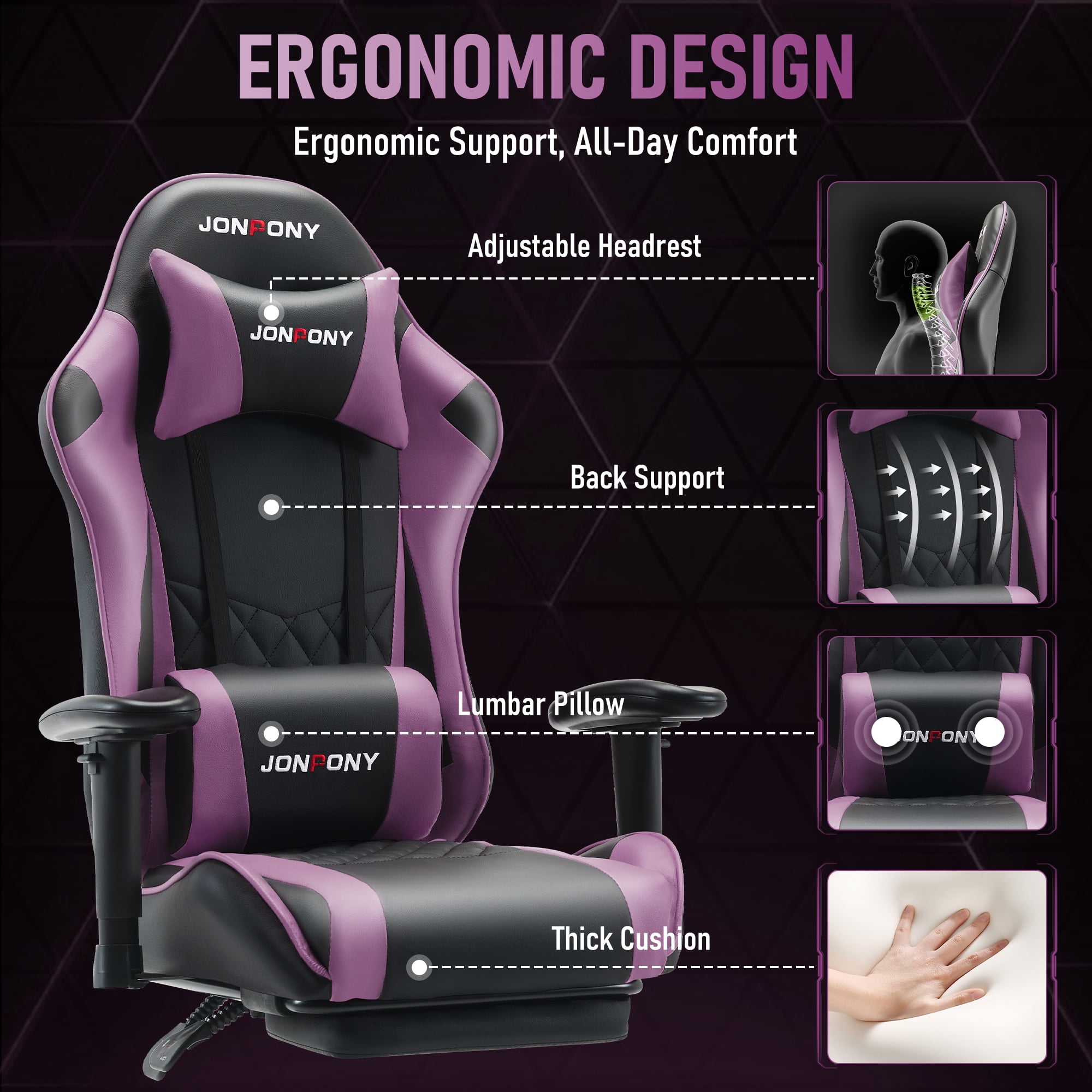 JONPONY Big and Tall 500LBS Gaming Chair, Ergonomic Design with 2D Armrests,PU Leather with Footrest and Lumbar Support, High Back Office Chair Support 8 Hours Long Sitting, Computer Chair,Purple