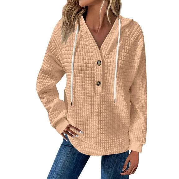 Breezora Womens Waffle Knit Hooded Pullover Casual Button Down Top Cozy Textured Fabric for Autumn Winter Comfortable Relaxed Fit Loungewear Style L Size Beige