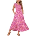 thumbnail image 1 of INSPIRAR CHIC Vestidos de Verano para Mujeres Casual con Mangas Cortas en V Cuello Fruncido Floral con Volantes en Capas Fluidos Vestido Maxi de Playa S Rosa Fucsia, 1 of 5
