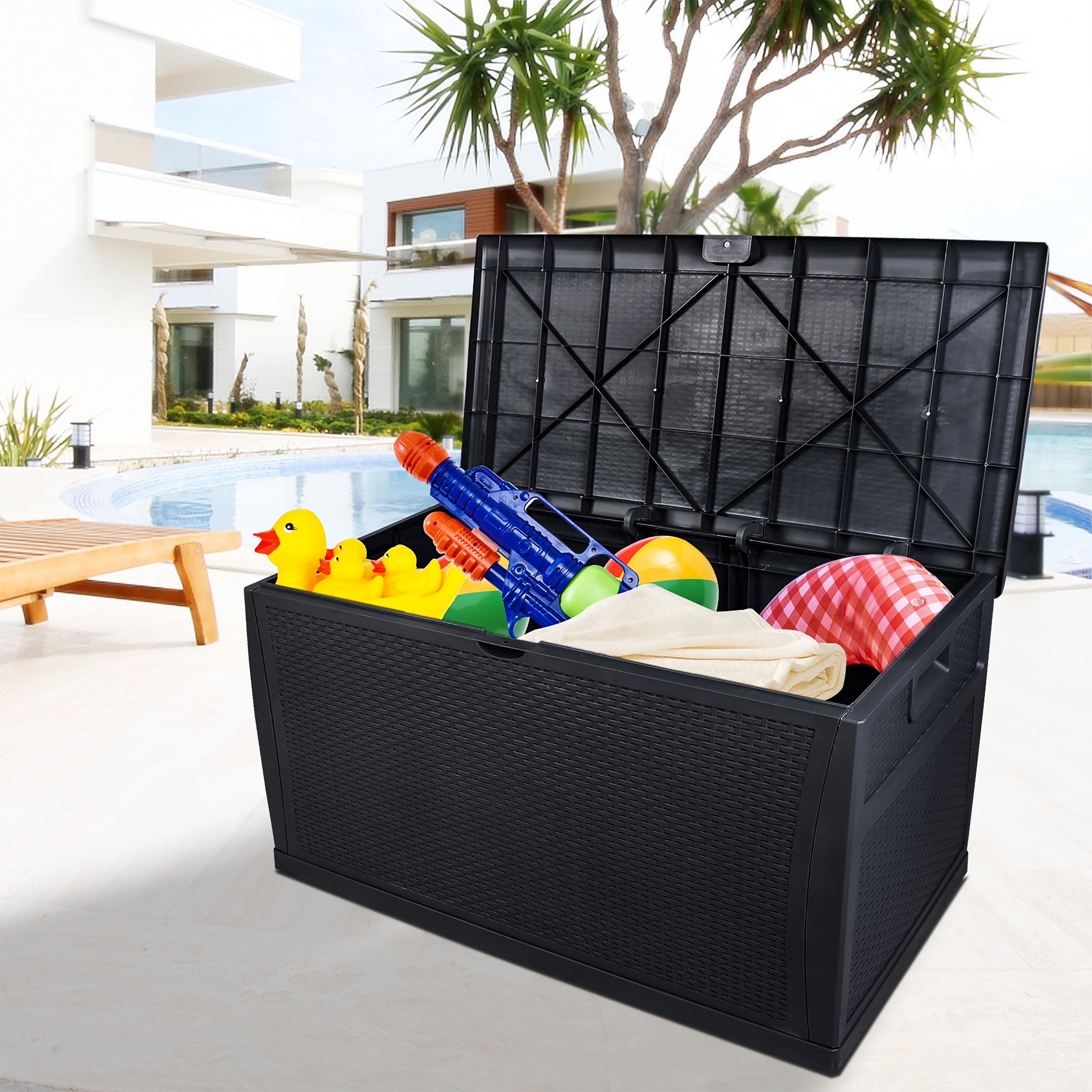 Pool Deck Storage Box, Plastic Outdoor Storage Box for Backyard Patio  Balcony, Gray 51 Gallon Outdoor Storage Containers with Reinforced Lid,  Waterproof and Weather-resistant, JA3228 