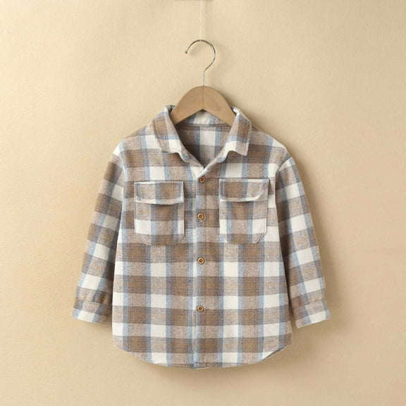 LFEOOST 2024 Toddler Kids Plaid Flannel Button Down Shirt Long Sleeve Lapel Jacket Baby Girls Boys Fall Outwear Coat Beige 3-4 Years