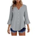 thumbnail image 3 of Craaazy Women's Relaxed Fit V Neck Blouse, Solid Color 3/4 Sleeve Flare Cuff Top, Loose Comfy Button Accent Casual Tee for Spring & Summer Gifts, 3 of 7