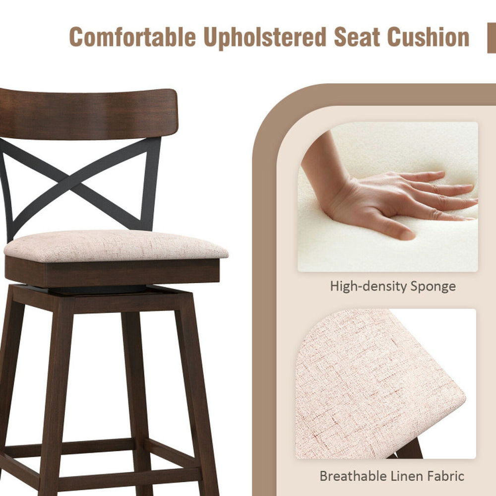 Demi Bonn 30" Set of 2 Wooden Swivel Bar Stools with Cushioned Seat and Open X Back, Modern Dining Chair, Beige