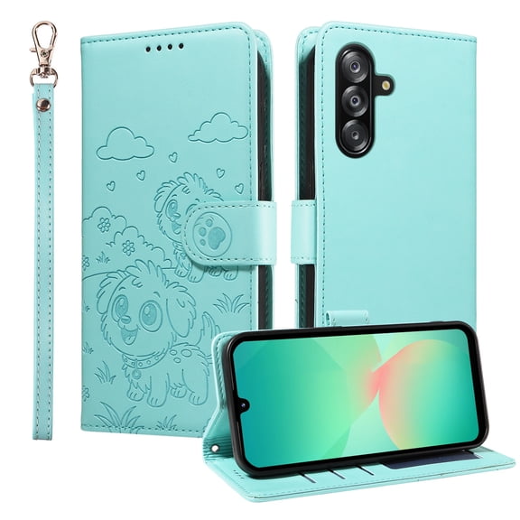 For Samsung Galaxy A16 5G Flip Phone Case,Dogs Embossed Design,With Wrist Strap,Card Slots,Flip Folding Kickstand,Anti-Scratch PU Leather Shockproof Anti-fall Drop Protection,Folio Case,Green