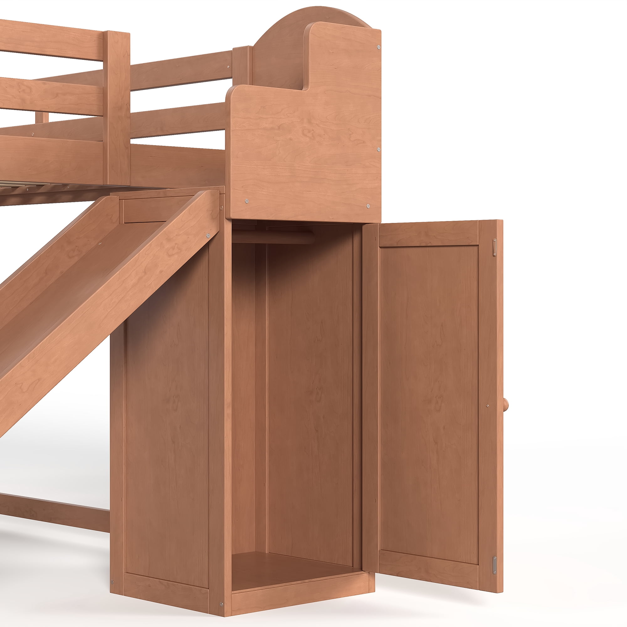 Leumius Full Size Loft Bed with Storage Stairs, Slide & Built-in Wardrobe,Soild Wood Loft Bed Frame with High Guardrail,Walnut