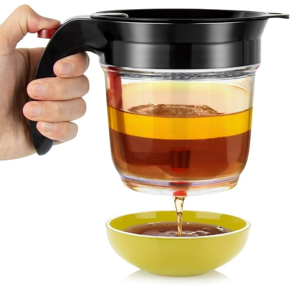 Fat Separator Oil Separator with Bottom Release - 4 Cup Gravy Grease Separator for Cooking, Healthier Gravy, Soup, Easy Press Dispenser Oil Separator with Strainer
