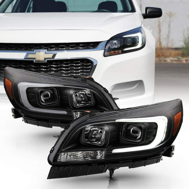 ACANII - For 2013-2015 Chevy Malibu Black Housing LED Tube Halogen Projector Headlights Headlamps Assembly Left+Right