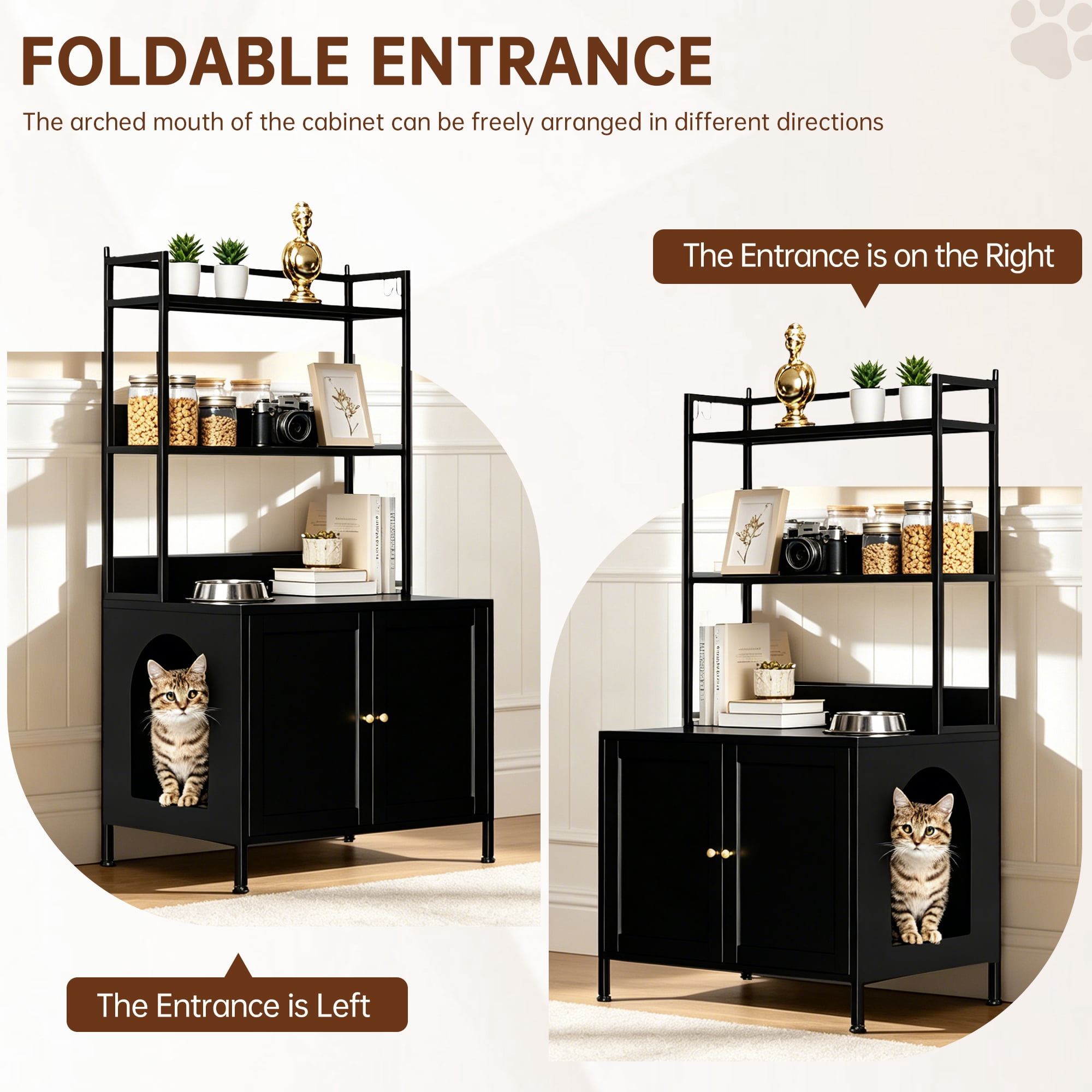 57" Tall Black Metal Cat Litter Box Enclosure, Hidden Litter Box Cabinet with 3-Tier Shelves, Doors & 4 S-Hooks, Odor Control Pet House for Large Cats