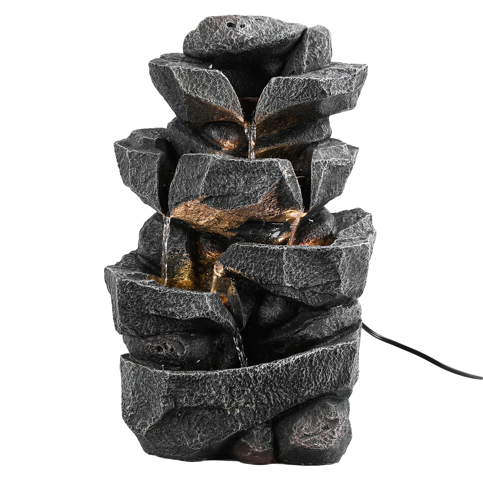 DJZ 5-Tiers Cascading Rock Water Fountain Outdoor Water Fountain Outside Patio Water Features Fountain with LED Light and Pump,Garden Waterfall Decor